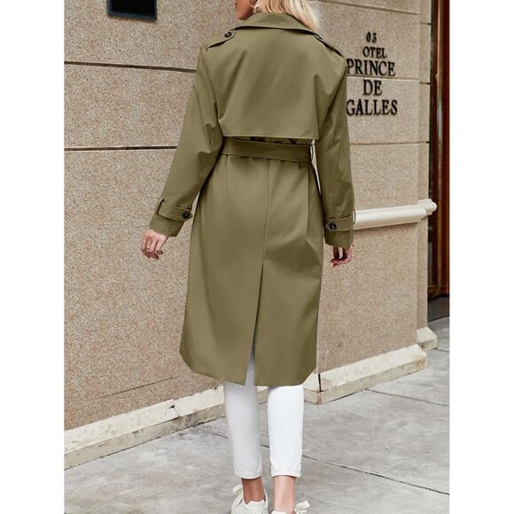 Women's Army Green Double Breasted Causal Windproof Long l Pocketed Trench Coats - Picture 5 of 5